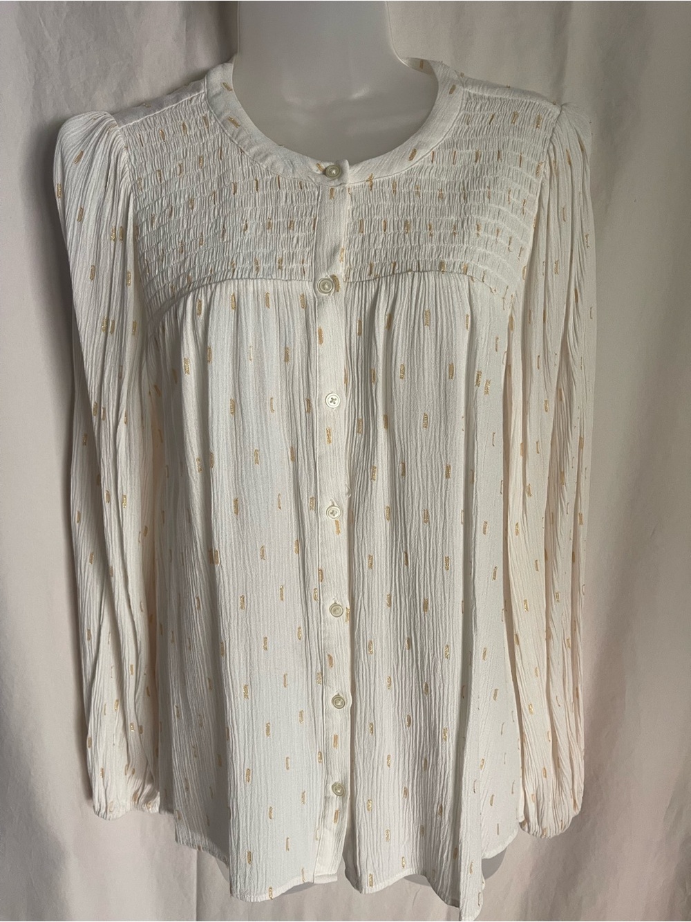 LOFT Shimmer Clipped, Smocked Cream and Gold Peasant Button Down Blouse Sz M
